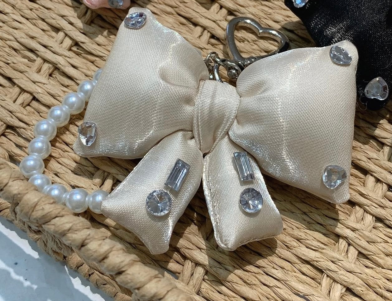 Vixeny Crystal Pearl Bow Bag Charm – Rhinestone Satin Purse Accessory