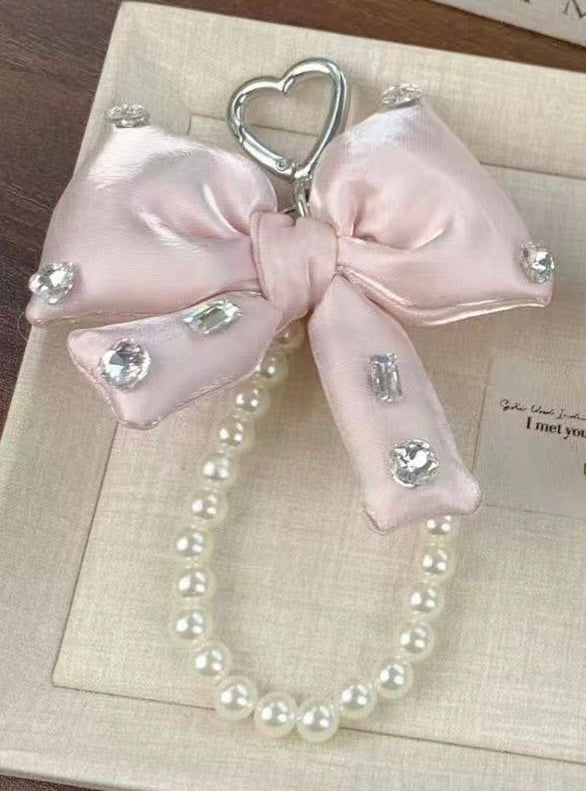 Crystal Pearl Bow Bag Charm – Rhinestone Satin Purse Accessory